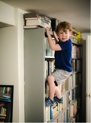 Image of a toddler hanging off the top of a bookshelf