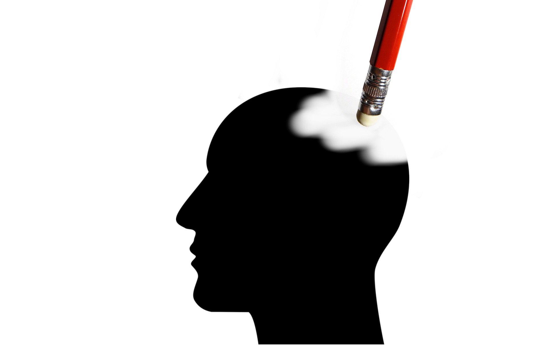 Cartoon image showing a pencil erasing part of a person's head to symbolize memory loss.