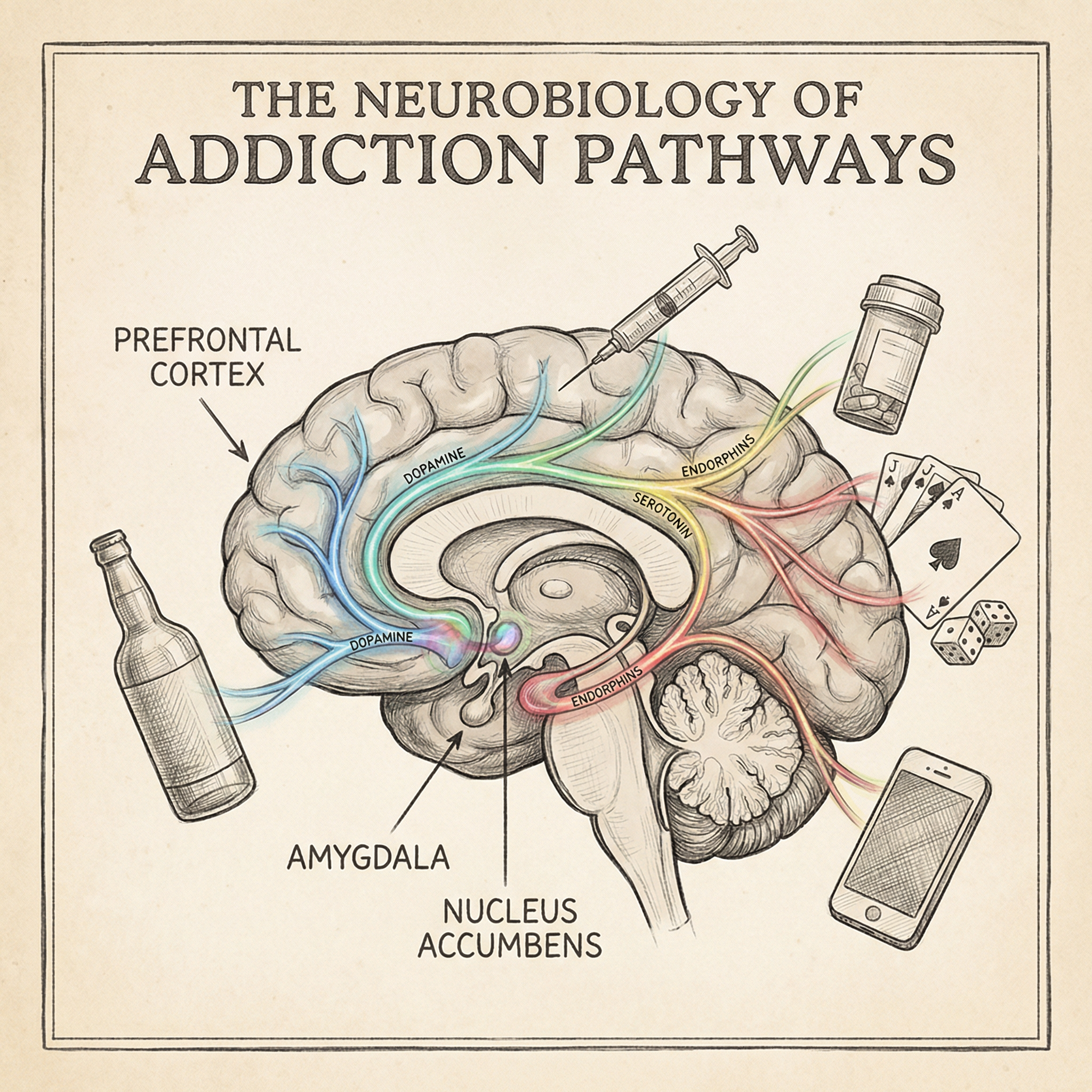 Image shows brain with the different pathways and regions related to addiction. The prefrontal cortex, amygdala and Nucleus Accumbens are labelled as regions of interest. Other things that people may be addicted to are attached to these pathways, such as phones, cards, dice, alcohol, drugs, and medications.