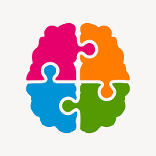 The image is a stock graphic of a human brain formed from four interlocking puzzle pieces in pink, orange, blue, and green